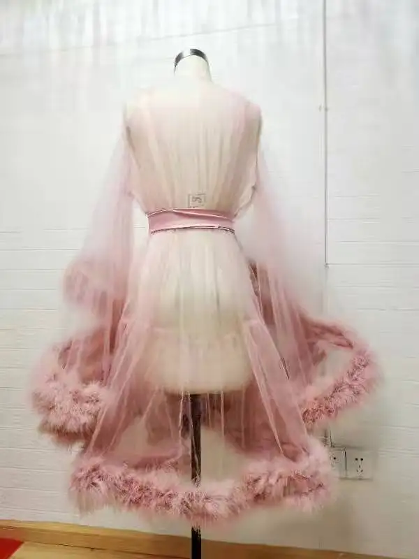 

Sexy Feather Robe Illusion Fur Trim Boudoir Robe Nightgown Bathrobe Bridal Lingerie Wedding Scarf