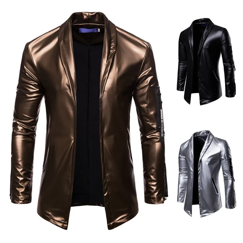

Men's Elastic PU Motorcycle Jackets Lapel Handsome Zipper Slim Leather Suit Male Waterproof Smooth Solid Color Faux Leather Coat