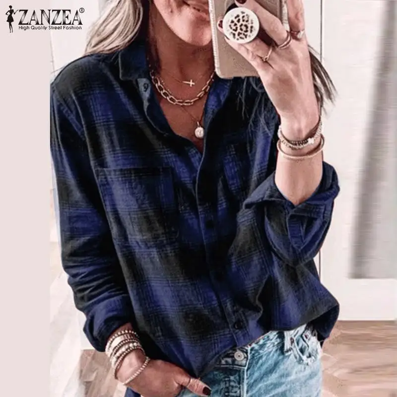 

ZANZEA Vintage Women Long Sleeve Plaid Checked Shirt Autumn Retro Buttons Down Blusas Work Tops Tunic Casual Lapel Neck Blouse