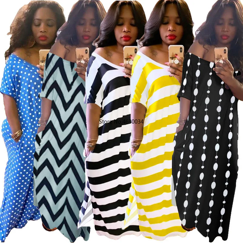 Женское летнее Полосатое Платье макси с открытыми плечами и коротким рукавом