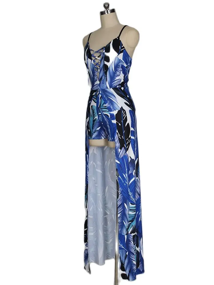 Элегантный женский пляжный комбинезон на шнуровке с открытой спиной и принтом в