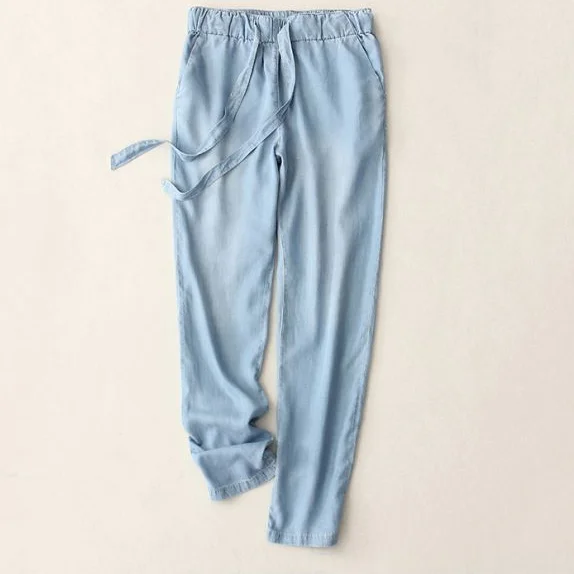 Летние брюки тонкие джинсовые женские повседневные джинсы на шнуровке с