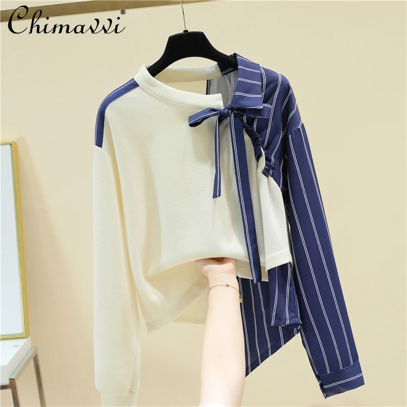 

Irregular Striped Stitching Contrast Colors False-Two-Piece Lace-up Sweatshirt Women 2021 Autumn New Fashion Loose Design Top