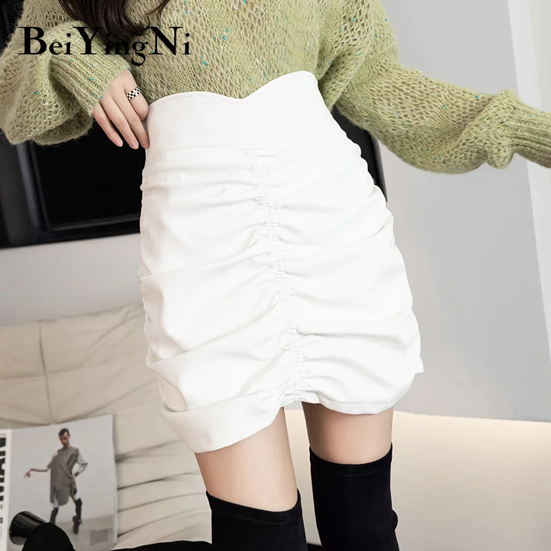 

Beiyingni Women High Waist PU Pleated Short Skirt Plain Streetwear Irregular Casual Mini Skirts Ladies Slim White Jupe Femme