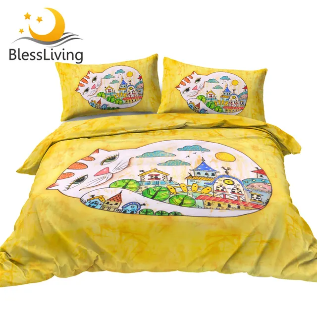 BlessLiving Cat Bedding Set Cartoon Animal Bed Cover Cute Cityscape Comforter Cover Set Watercolor Illustration Bed Set Dropship 1