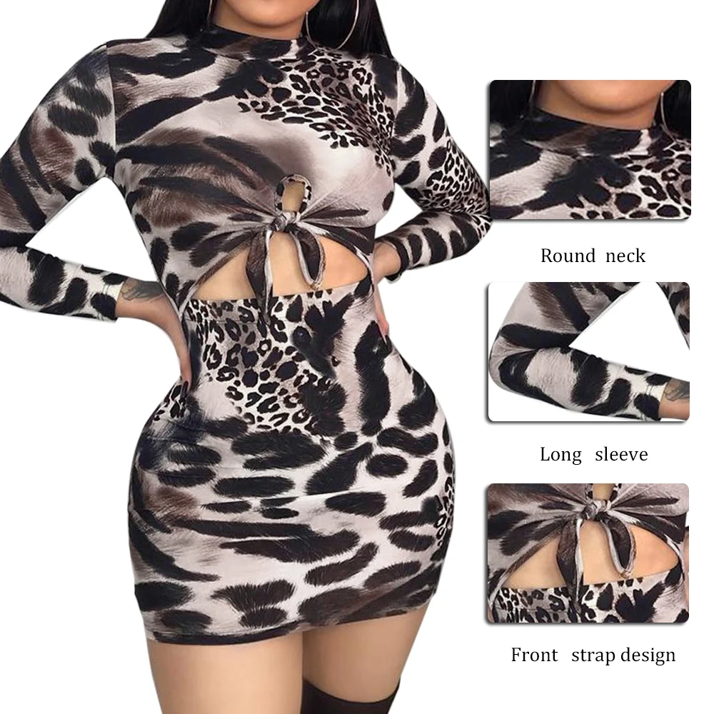 Women Long Sleeve Bandage Bodycon Evening Party Club Short Mini Dress Leopard Print Sexy Female | Женская одежда