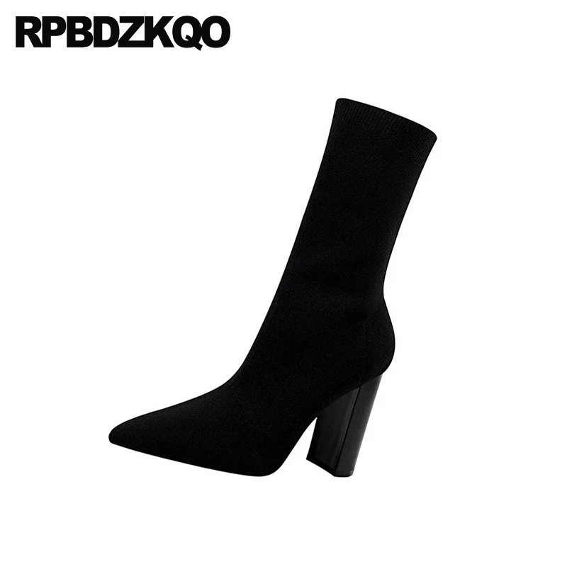 Женские ботильоны на толстом высоком каблуке демисезонные вязаные Роскошные