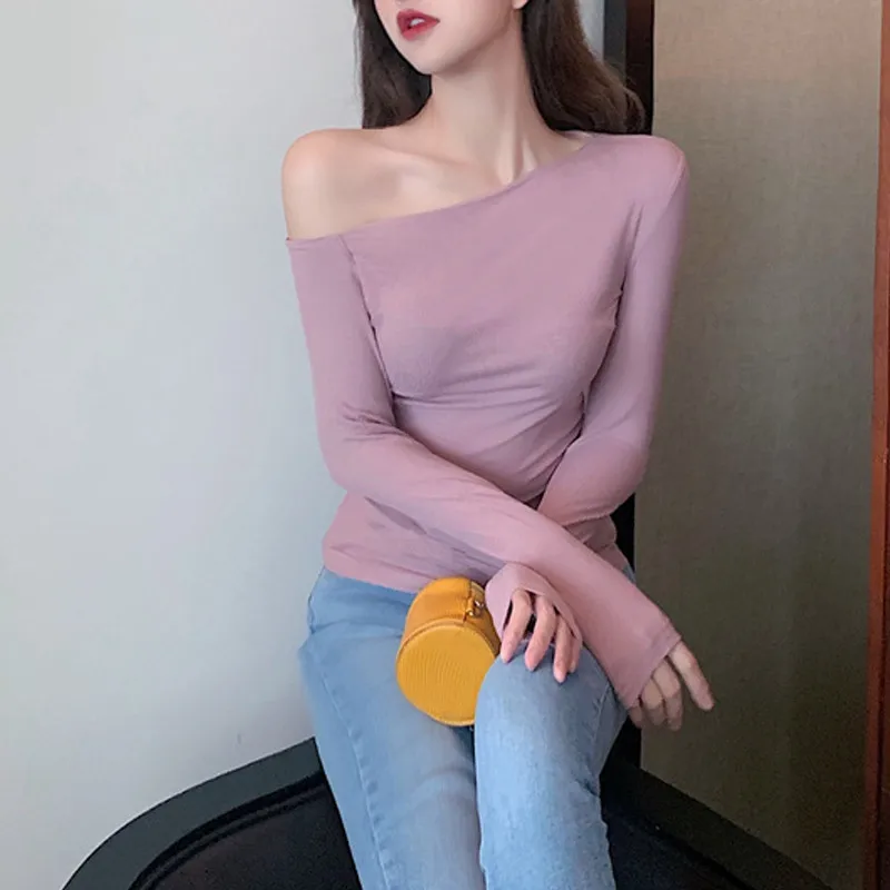 RealShe Футболка женская хлопковая с вырезом лодочкой и длинным рукавом Однотонная