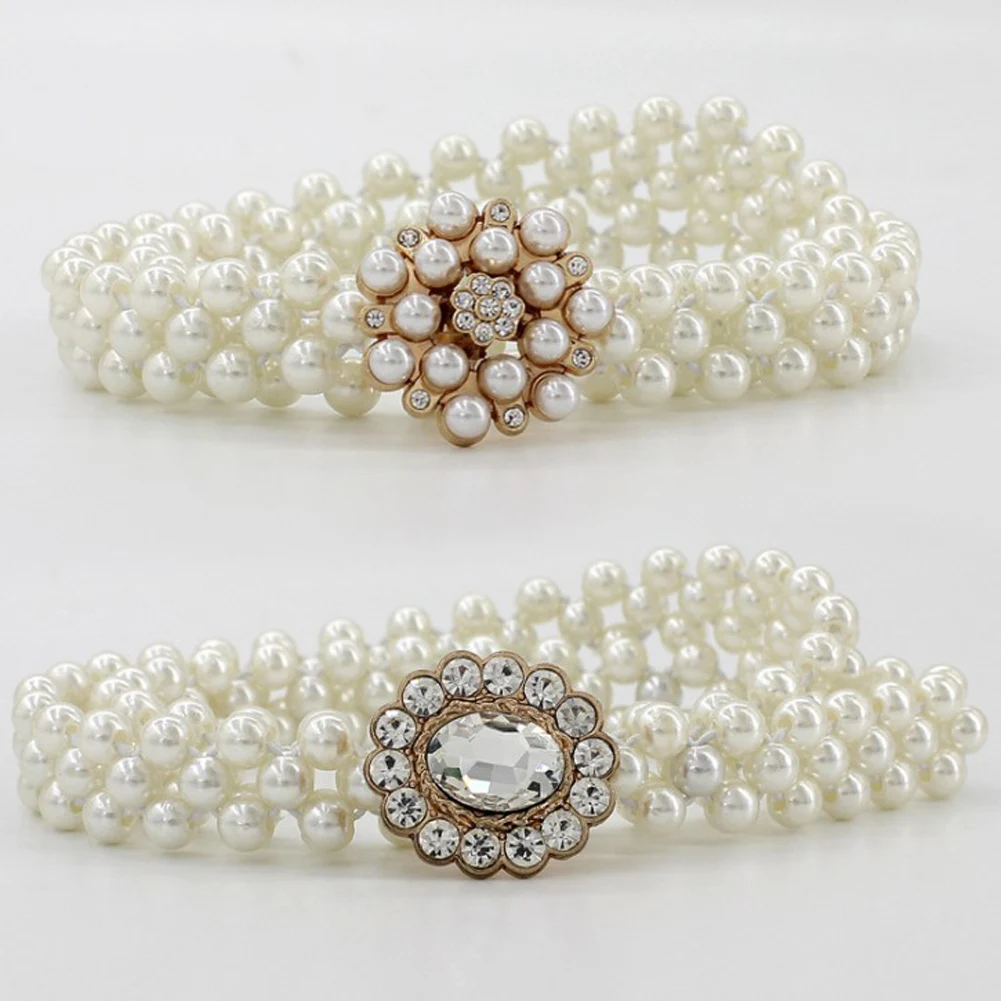 

New Elegant Women Butterfly Pearl Belt Waist Belt Elastic Buckle Pearl Chain Belt Female Girls Dress Crystal Strap Fashion