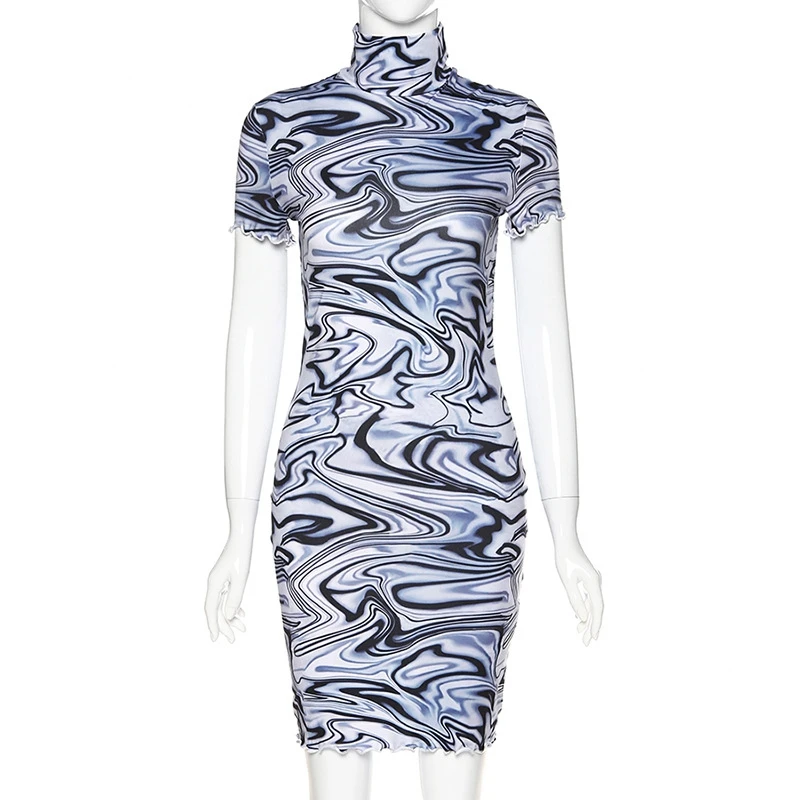 

2021 Paisley Print Mini Dress Elegant Lady Short Sleeve Club Party Bodycon Womens Summer Slim Fit Turtleneck Dress Streetwear