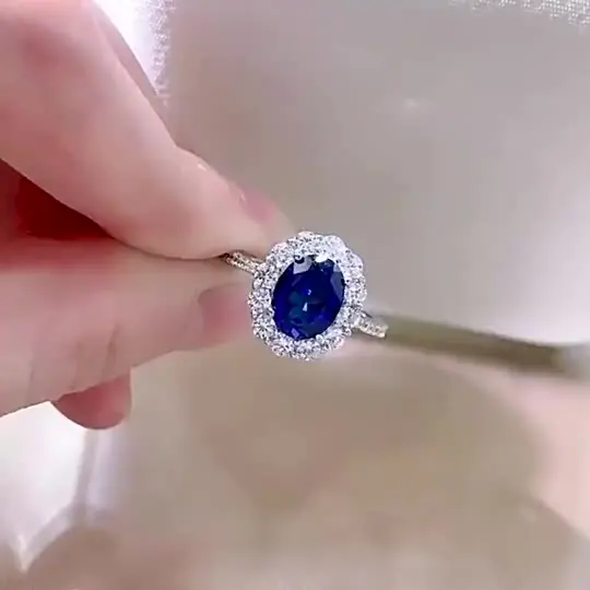 

New S925 Sterling Silver Sapphire Oval Ring Surrounded with 5A Zircon Factory Direct Sales