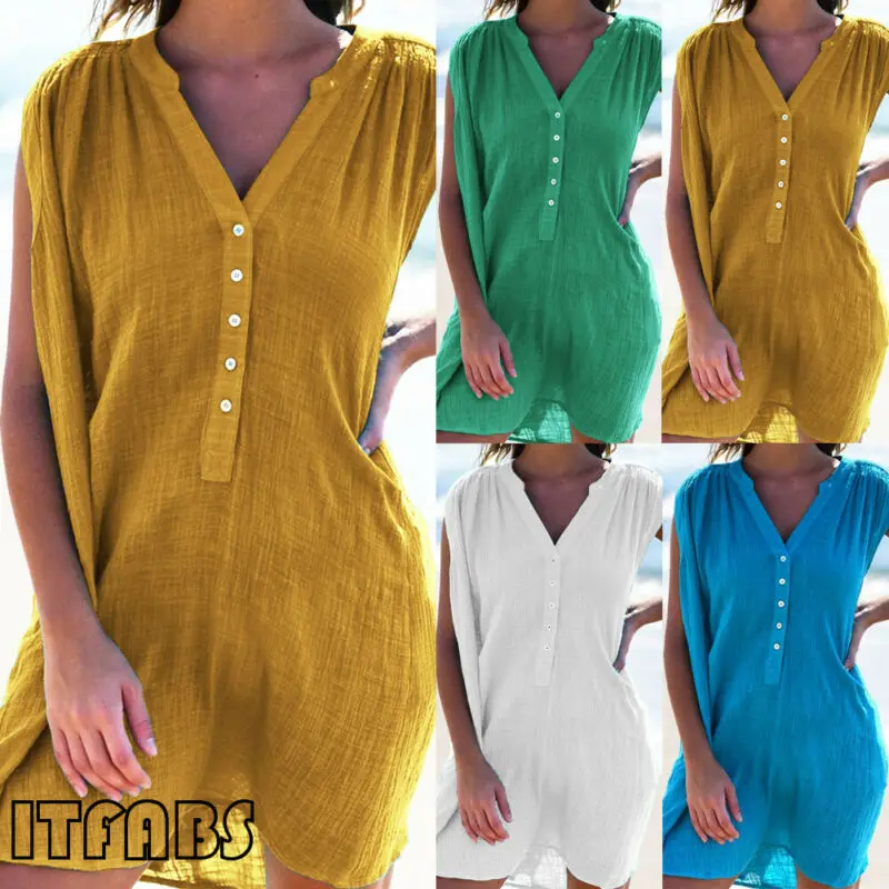 Женские летние платья в пляжном стиле на пуговицах свободные короткие