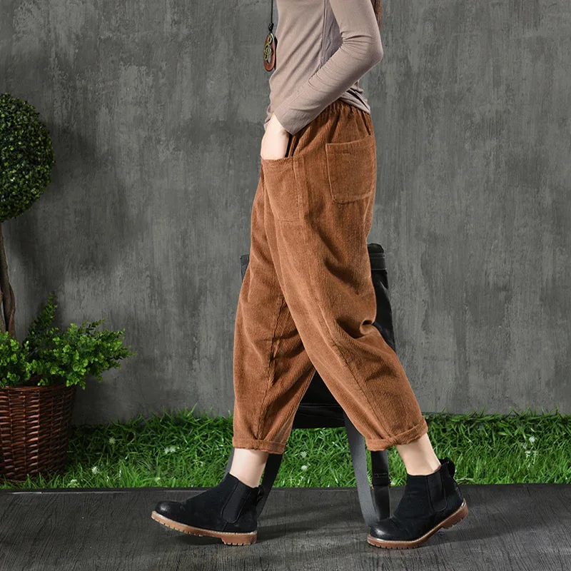 

Autumn Elastic Waist Vintage Pocket Warm Loose Harem Corduroy Women Pants Solid Colors Hip Hop Casual Trouser Pants Streetwear