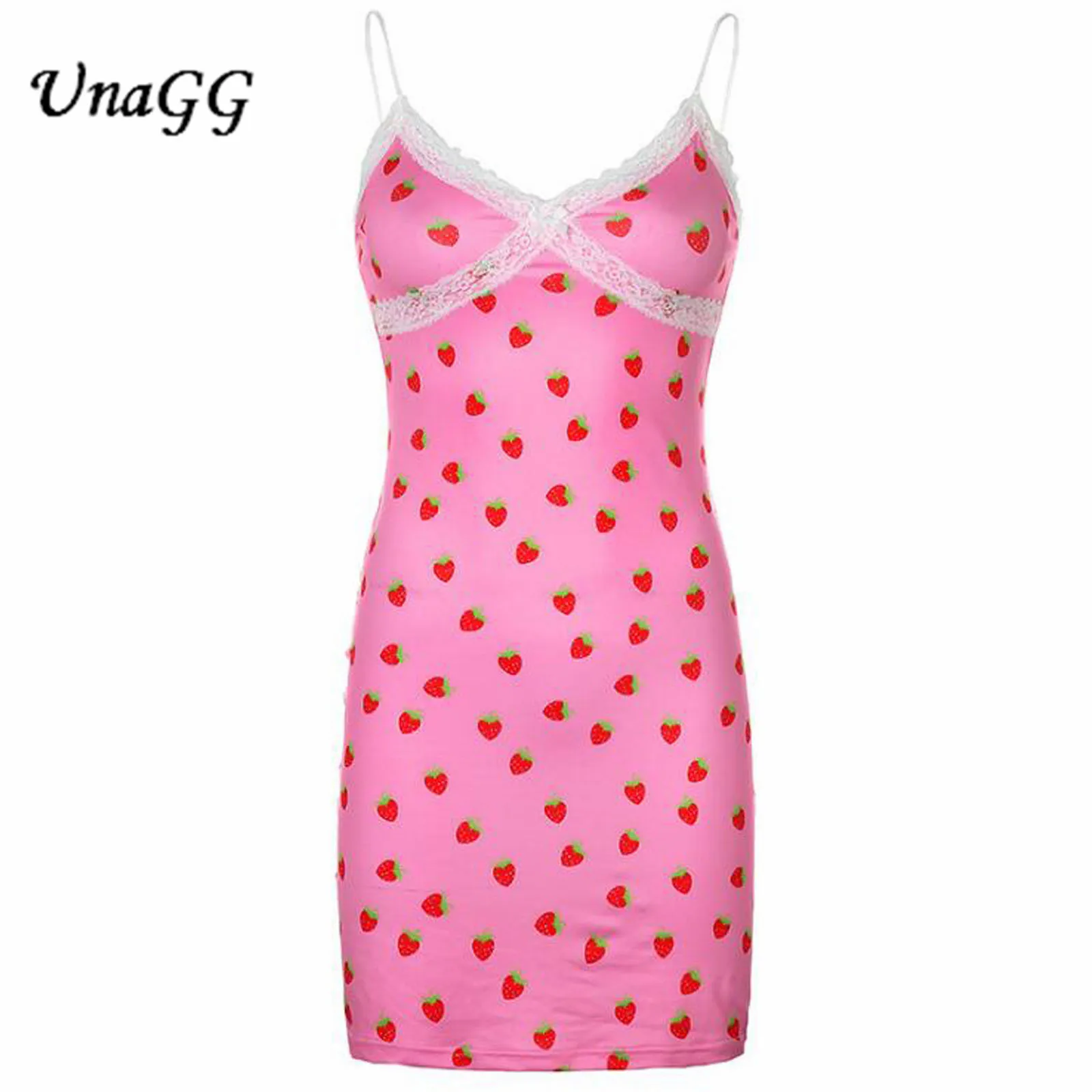 

UnaGG Lace Patchwork Sexy Women's Popular Sweet Strawberry Print Sleeveless Bodycon Mini Dress Party Summer 90s Dresses Clubwear