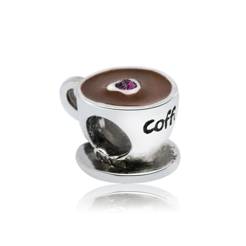 

Brown Enamel Coffee Cup Bead Fit Original Pan Charms Bracelet Women Pink CZ Heart Mug Metal Beads for Jewelry Making Accessories
