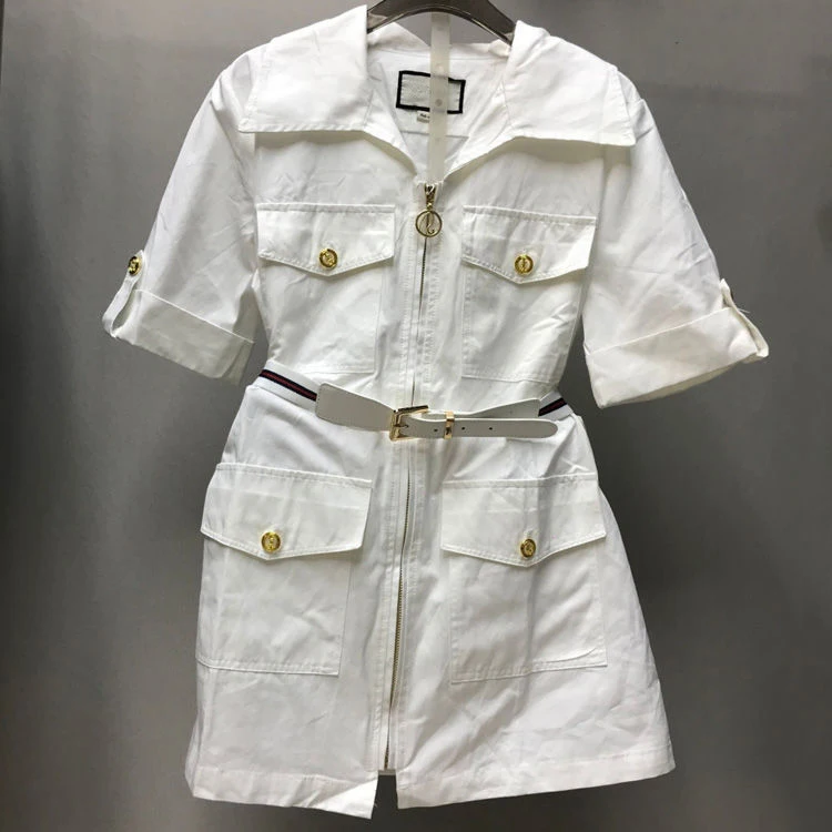 

21ss Old Brand New Fashion Temperament White Waist Short-sleeved Shirt Collar Dress Women's Tide Card Small Red Book The Same