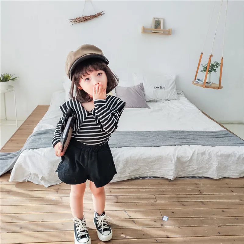 

Женские футболки для маленьких девочек, модные корейские повседневные полосатые топы для девочек, детская одежда, рубашки с длинным рукаво...