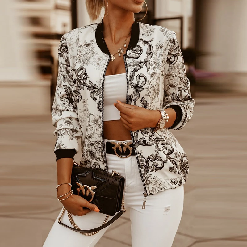 Женская куртка бомбер с цветочным принтом повседневная винтажная на молнии