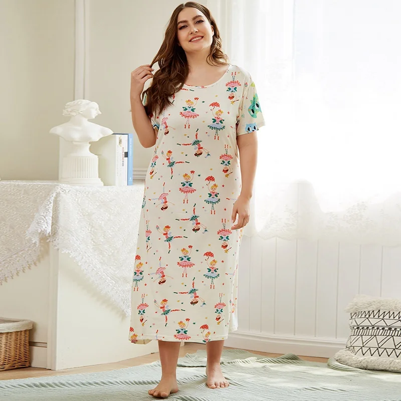 

Модные женские ночные рубашки с милым мультяшным принтом, летняя ночная рубашка с коротким рукавом и круглым вырезом, семейная одежда для с...