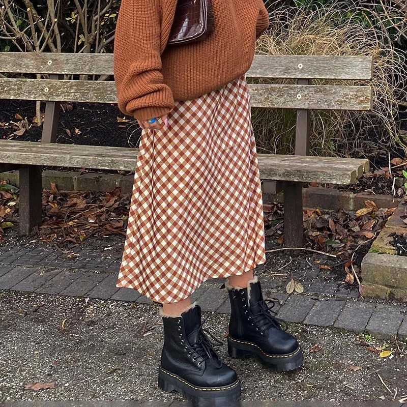 

Brown Y2k High-Waisted Long Plaid Skirt 2021New Summer High Quality Checkerboard Straight Skirts For Women Vintage Streetwear