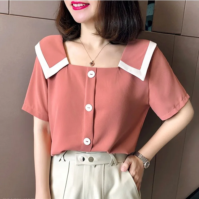 

Женские Летние шифоновые рубашки, модные, милые, с воротником Питер Пэн, с коротким рукавом, украшенные пуговицами, хит цветов, элегантные бл...