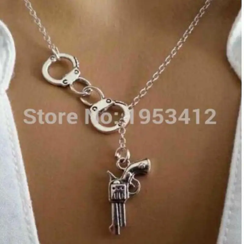 

Handcuff Gun Necklace Pendant Tibetan Charm Collar Statement lariat Choker Goth Gothic Steampunk Fashion Women Jewelry Gift