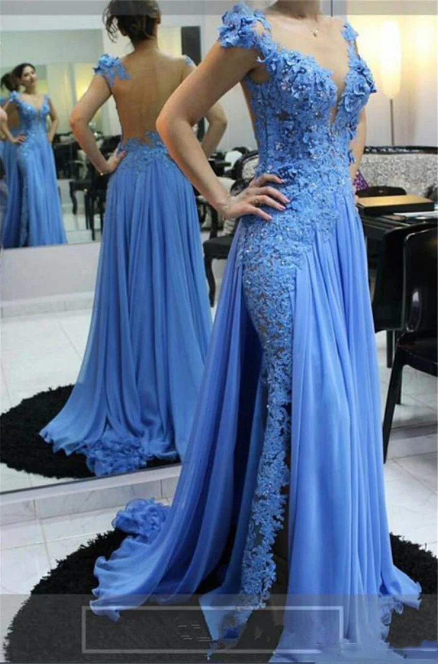 

Modest Design Blue Mermaid Evening Dresses Sheer Jewel Neck Cap Sleeves Lace Appliques Beads Chiffon Formal Party Prom Gowns