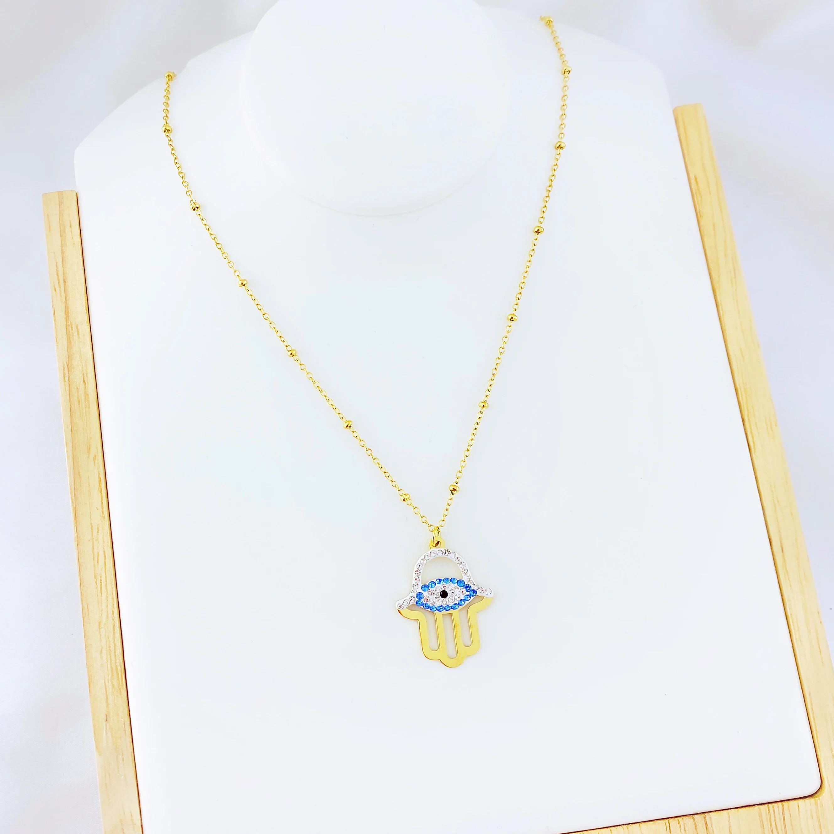 

Stylish woman Fatima hand blue white crystal zircon eye necklace charm jewelry gift party pendant necklace