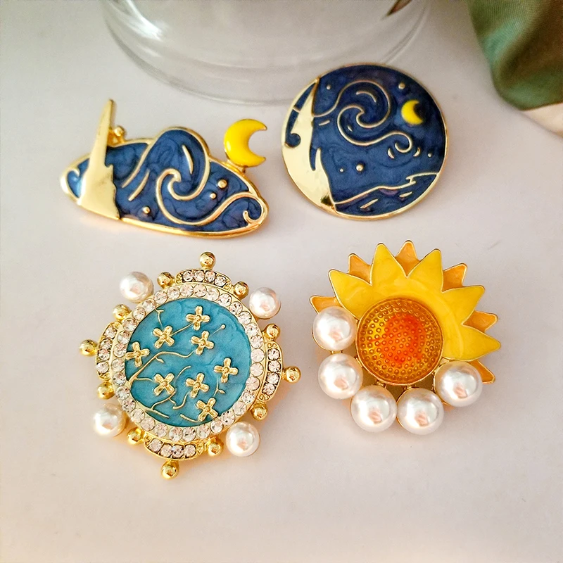 

Van Gogh Starry Sky Enamel Pins Moon Apricot Blossom Sunflower Pearl Oil Painting Style Badges Lapel Pins Jewelry for Friends