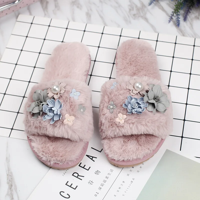 

Women Black Flower House Slippers Women Winter Warm Shoes Woman Slip On Flats Slides Female 2021 fashion Slippers Wholesale