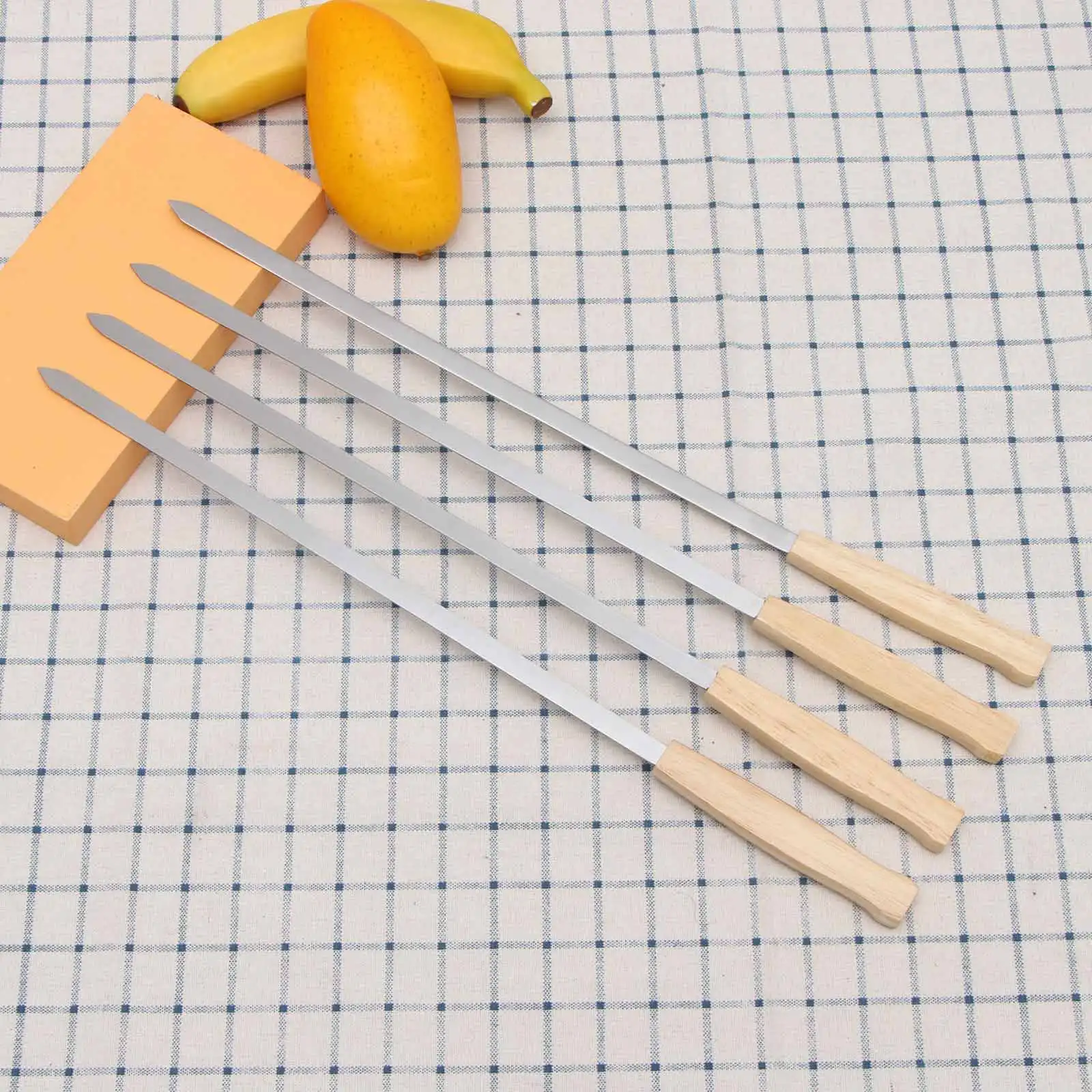 

8pcs Reusable BBQ Skewers Handle With Handle Barbecue Needle Wood Stainless Steel Flattened Optional Meat Roasting Tools