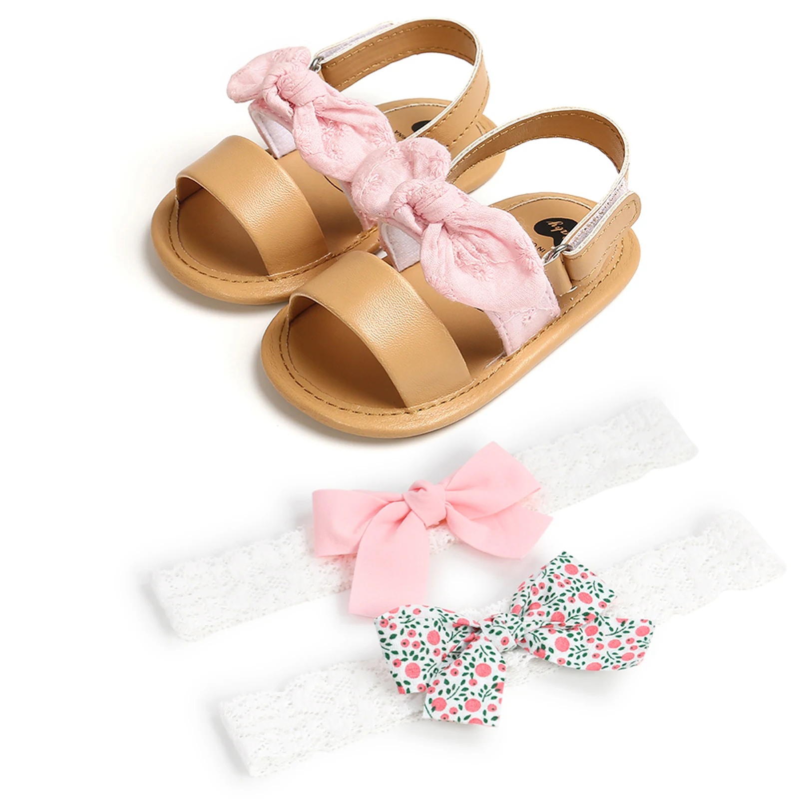 

Baby Girl Sandals Toddler Shoes and 2Pcs Headband Children Floral Stripe Soft Sole Sandals For 0-18Months