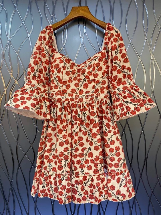 

2021 new women fashion print color matching decoration slim flared long sleeve skirt dress 719