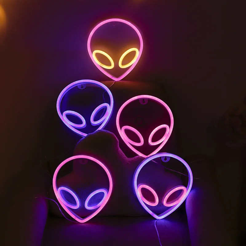 LED Alien Face Mask Neon Light Lamp Wall Hanging Sign Nightlight Bulbs for Decor Home Room Xmas Party USB + Battery Box Powered