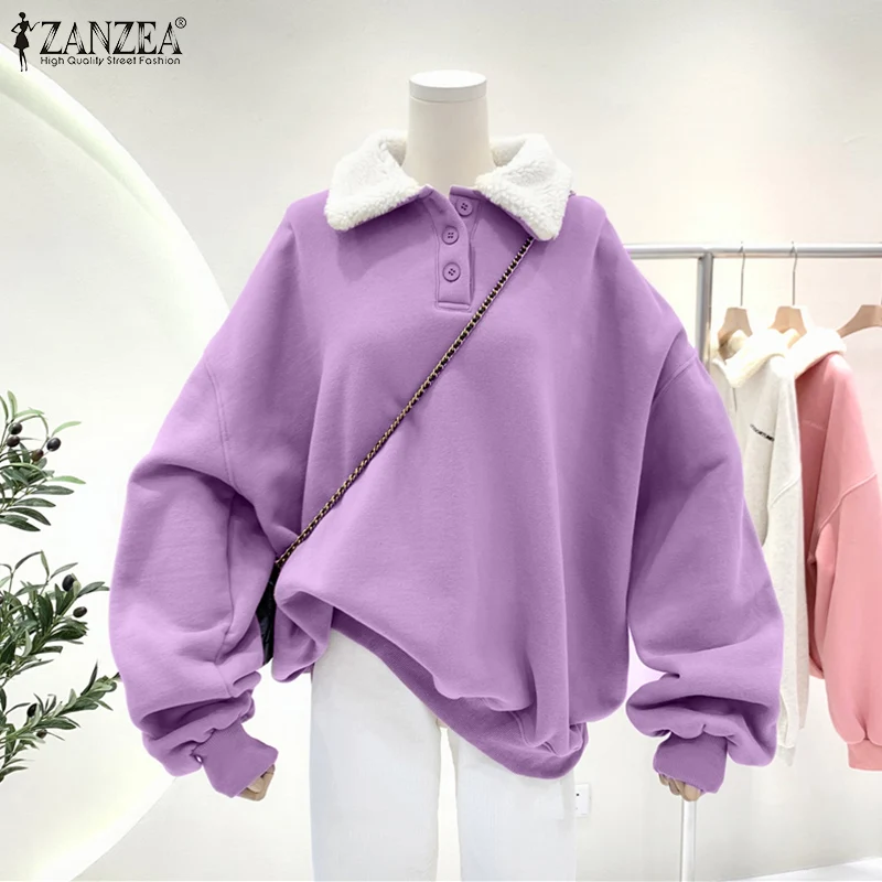 

Spring Autumn Lapel Pullover ZANZEA Fashion Solid Sweatshirt Women Oversize Plush Patchwork Hoodies Casual Long Sleeve Warm Tops