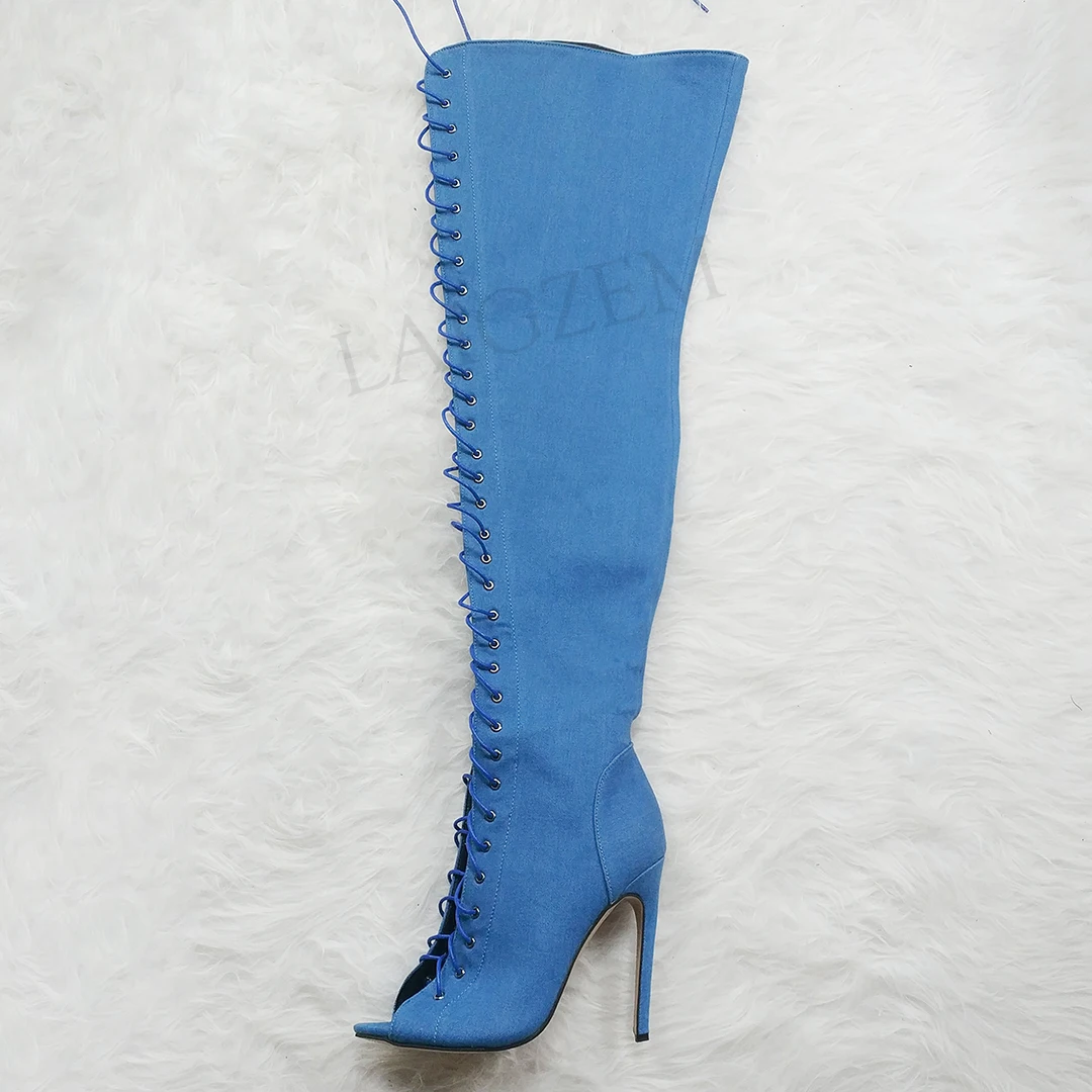 Jual LAIGZEM Wanita Di Atas Lutut Sepatu Bot Peep Toe Slim Heels Boots Lebar Betis Ramah Sepatu Wanita Pasang Kaos Mujer Besar Ukuran 44 45 52