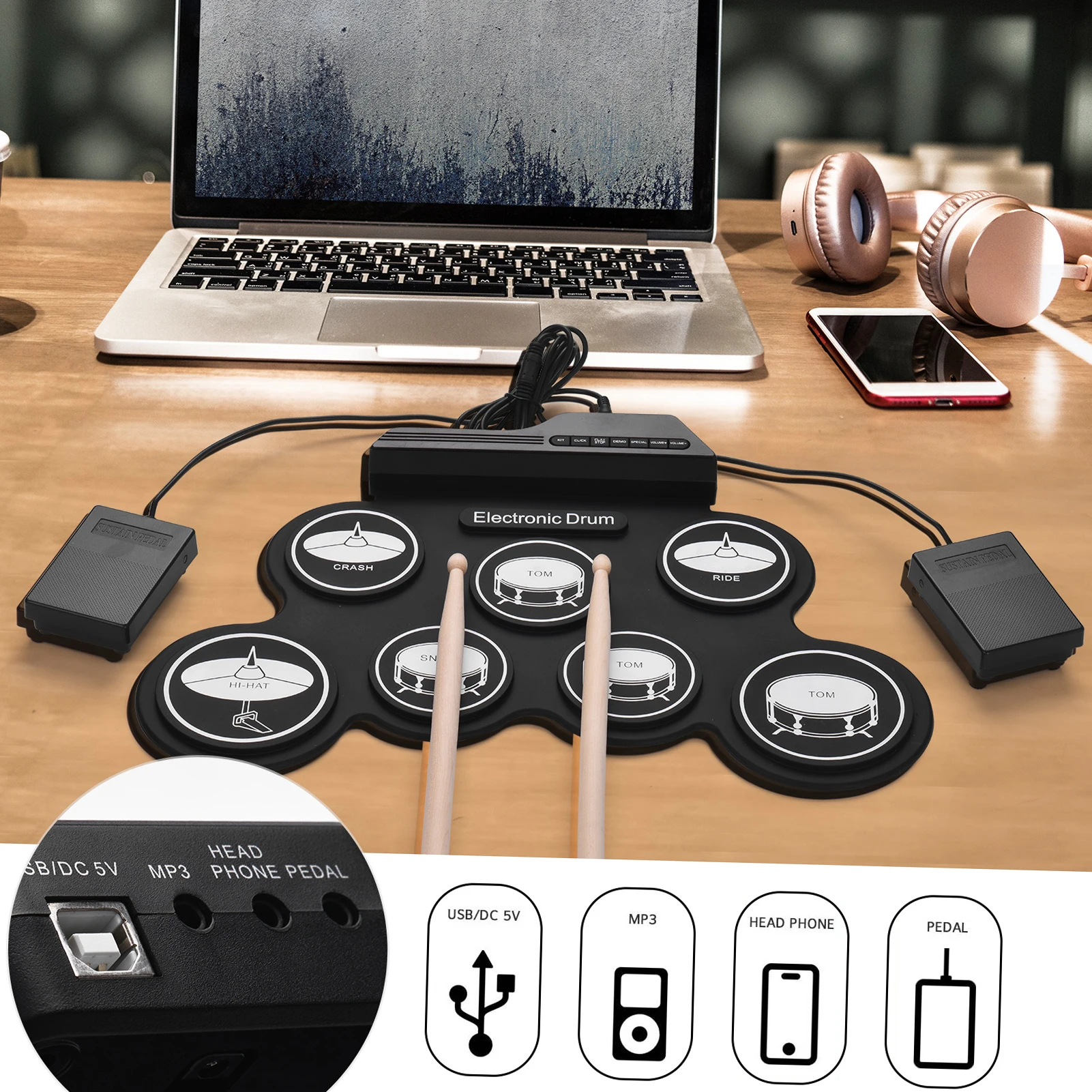 9 Silicon Drum Pads Folding Portable Size Electronic Kit Set USB/Battery Powered with Drumsticks Foot Pedal percussion |