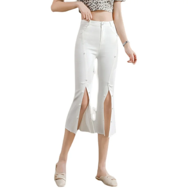 

Casual Bell Bottom Women 2021 Summer Calf-length Pants Nail Bead Split Slim Leggings High Waist Chic Flare Pants Women's