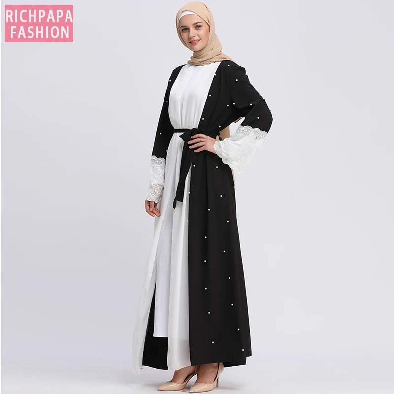 Черная абайя Дубай Кафтан Кружева жемчуг мусульманский хиджаб платье Abayas для