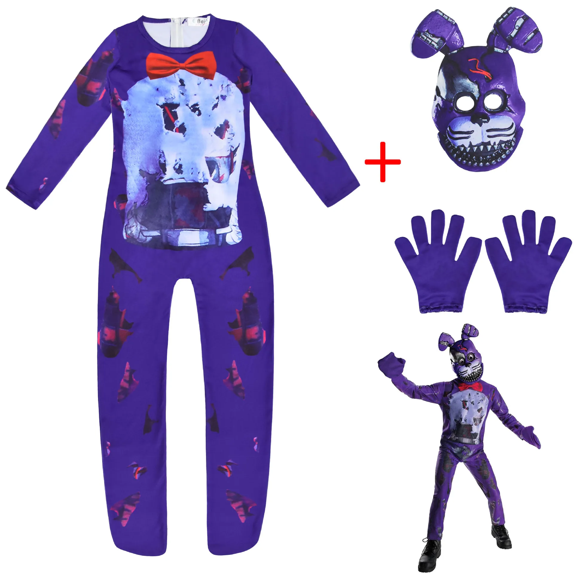 Kids Chilren Anime FNAF Freddy Cosplay Costume Bear Bonnie Jumpsuit  Funny Party Halloween Carnival Suit With Mask Gloves