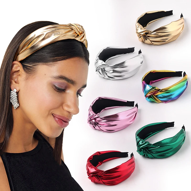 

1PC Bright Color PU Leather Middle Knotted Wide Headband Solid Color Head Hoop Bright Color PU Fabric Middle Knot Headband