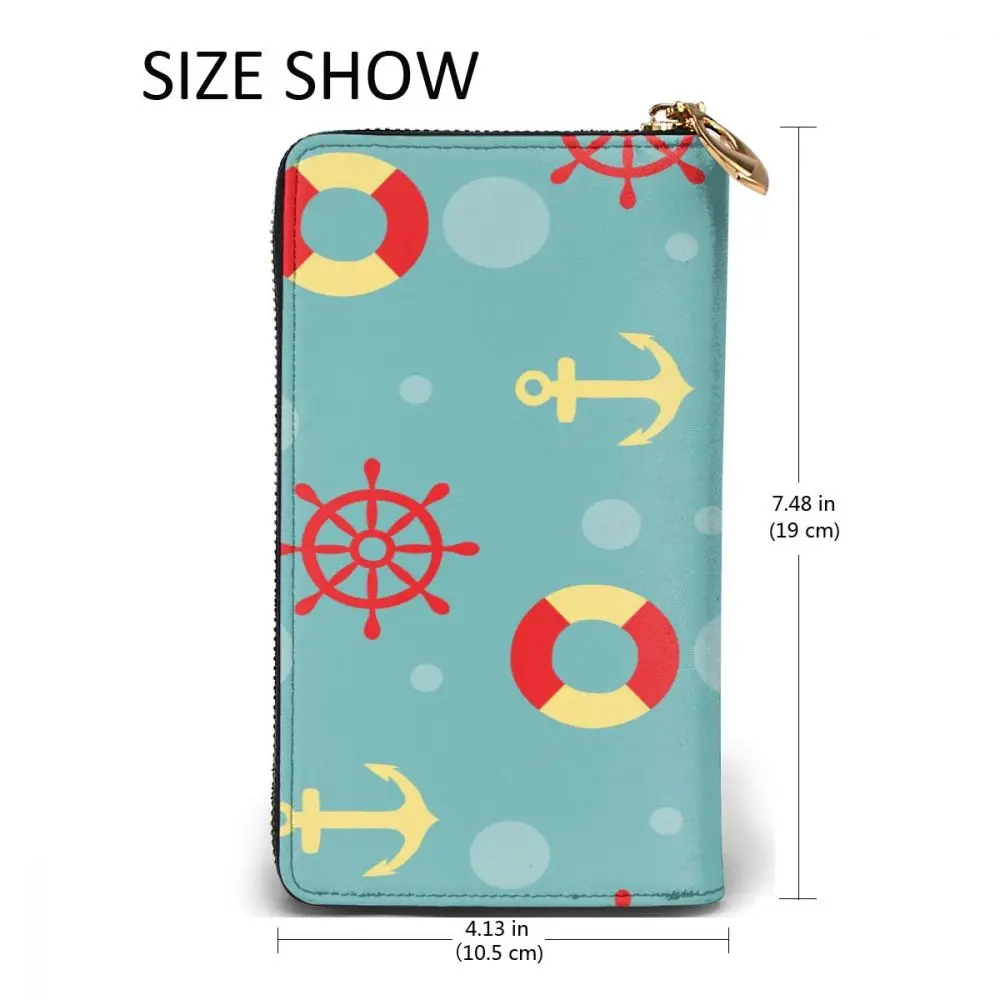 

Fashion Leather Wallet Cute Anchors Lifebuoys And Steering Wheels Long Zipper Wallet Clutch Bag Purse for Woman Man Girls Boys