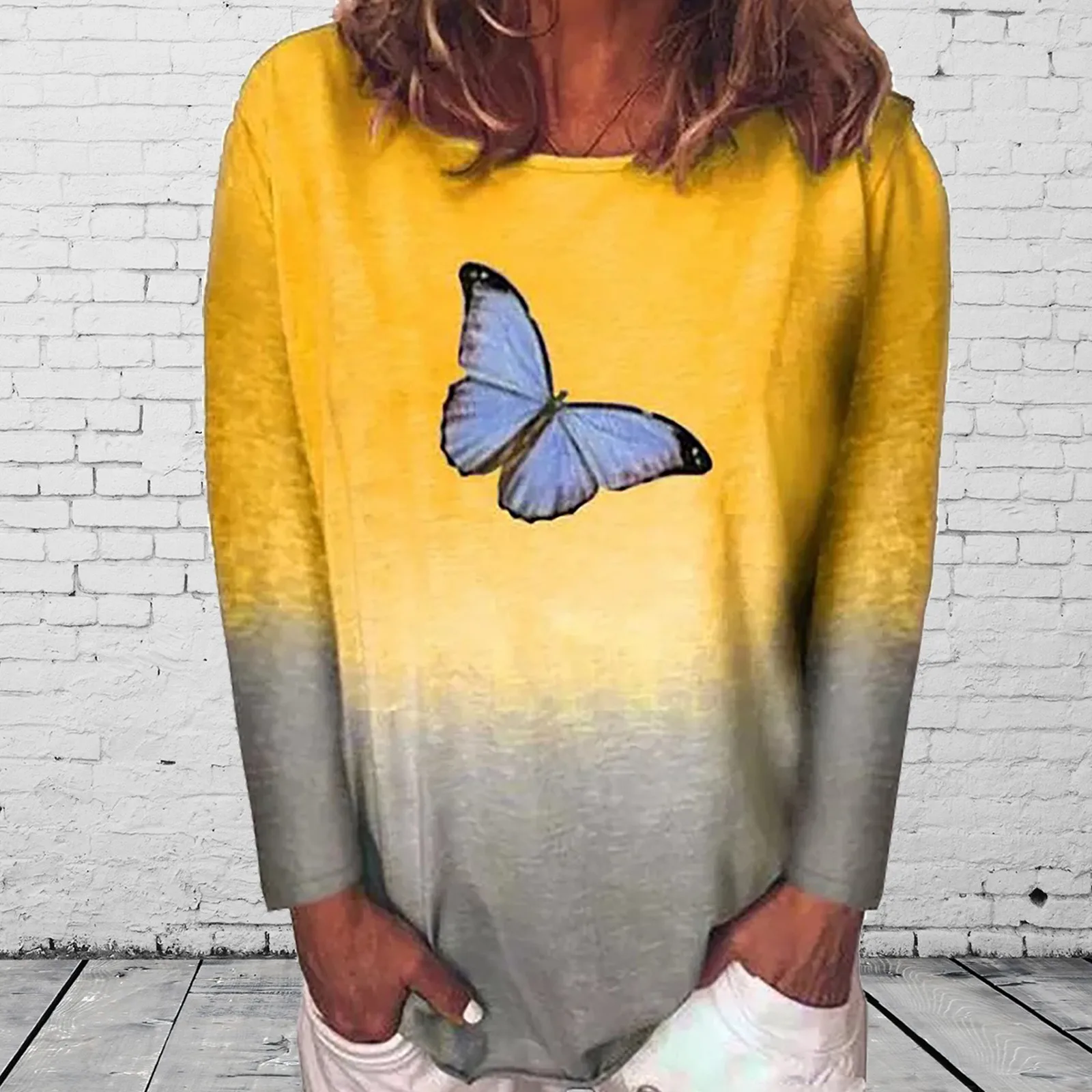 

Autumn Winter Women's Harajuku Gradient Delicate Butterfly Printing Long-Sleeved Pretty All-Match Sweatshirt Tops Streetwear