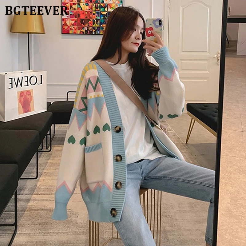 Элегантные женские свитера с разноцветным узором Осень-зима 2019 однобортные