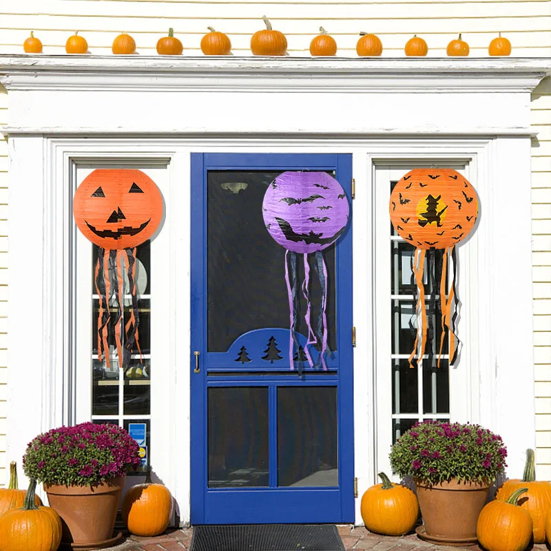 

3pc Halloween Decor With Beard Paper Lantern Pumpkin Bat Spider Pattern Hanging Lantern Decor Halloween Party Haunted House Prop