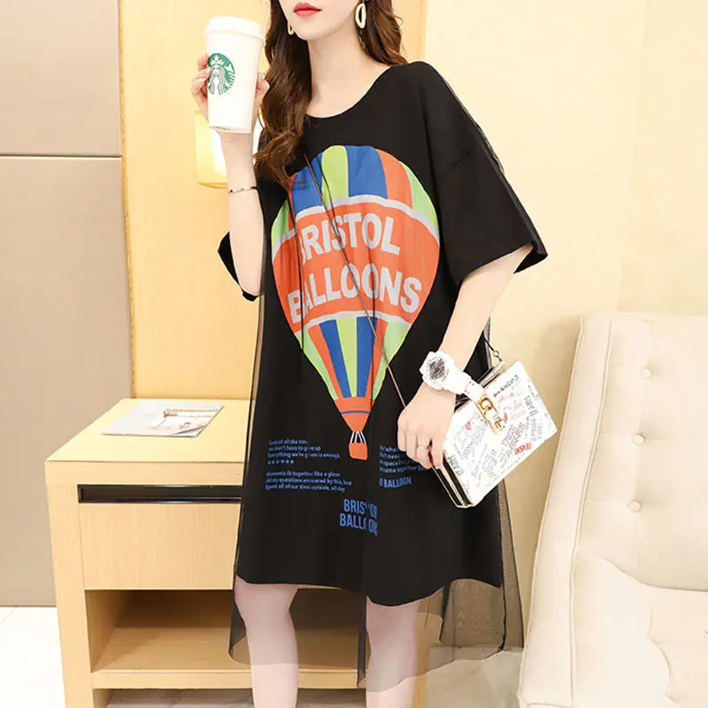 

Medium and long age-reducing short sleeve T-shirt women's summer 2021 new Korean style stitching mesh salt large size shirt