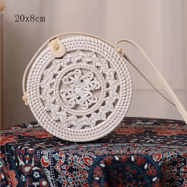 white D 20X8cm Солнечный пляж, ручные тканые сумки, круглая сумка с пряжкой, Ротанговые соломенные сумки, ранец, богемная пляжная круглая сумка - Цвет: white D 20X8cm