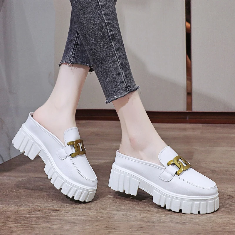 

Cover Toe House Slippers Platform Loafers Med Flat Shoes Female Slides Slipers Women Summer Soft 2021 Fabric Rubber Patent Leath