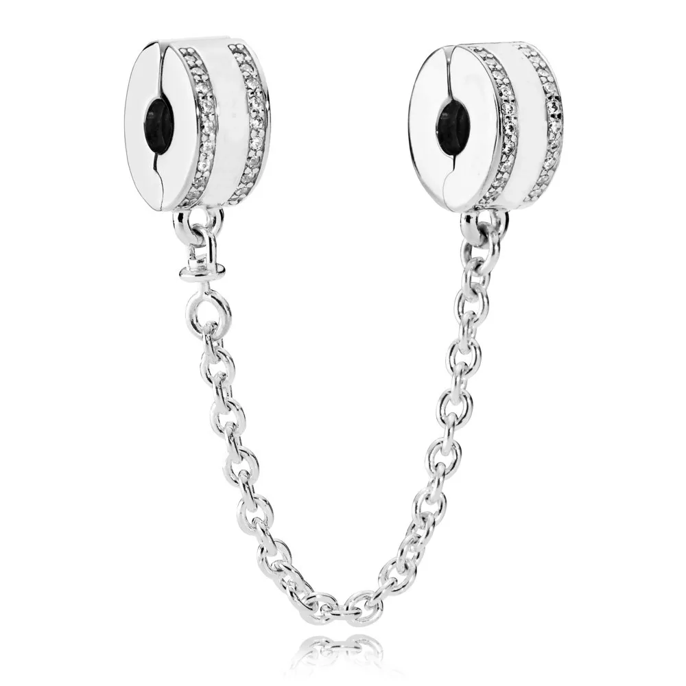 

Shining Elegance Inspiration Logo Insignia With Crystal Safety Chain Charm 925 Sterling Silver Bead Fit Fashion Bracelet Jewelry
