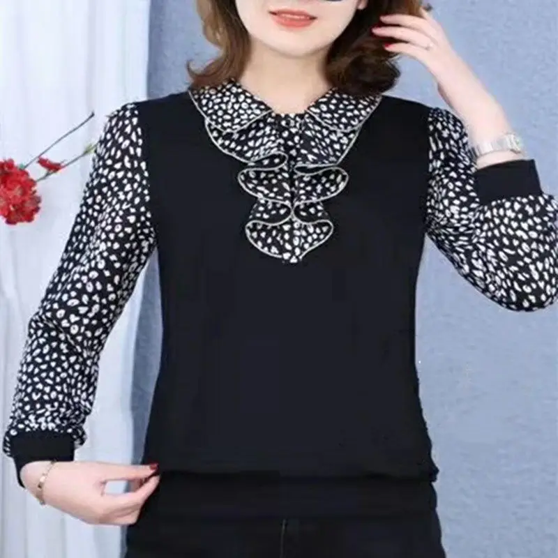 

Women's Spring Autumn Style Shirt Women's Elegant Ruffles Long Sleeve Polka Dot Loose Tops SP076